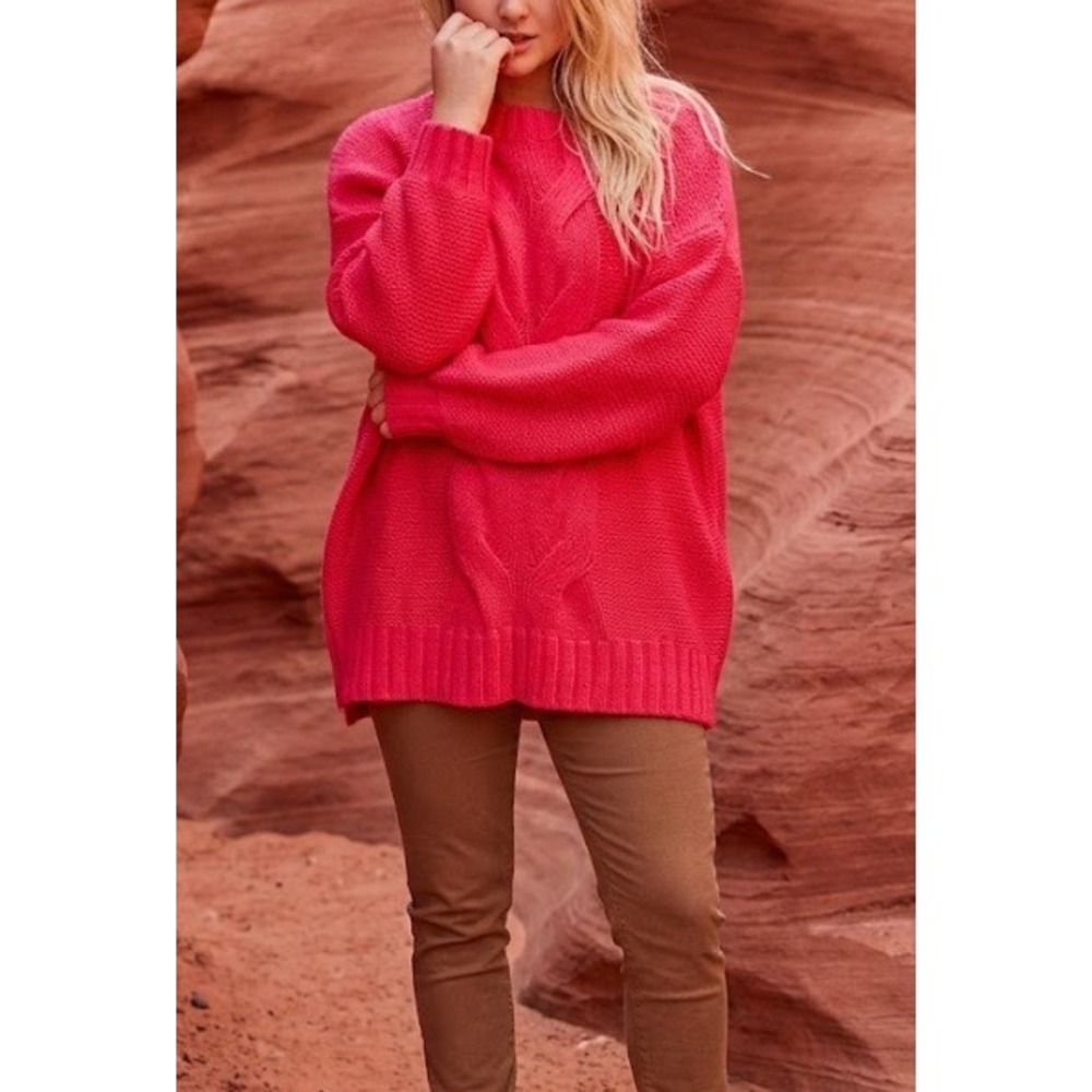 Aerie Cable Knit Sweater Medium Pink Wool Blend Oversized Pullover Slouchy
